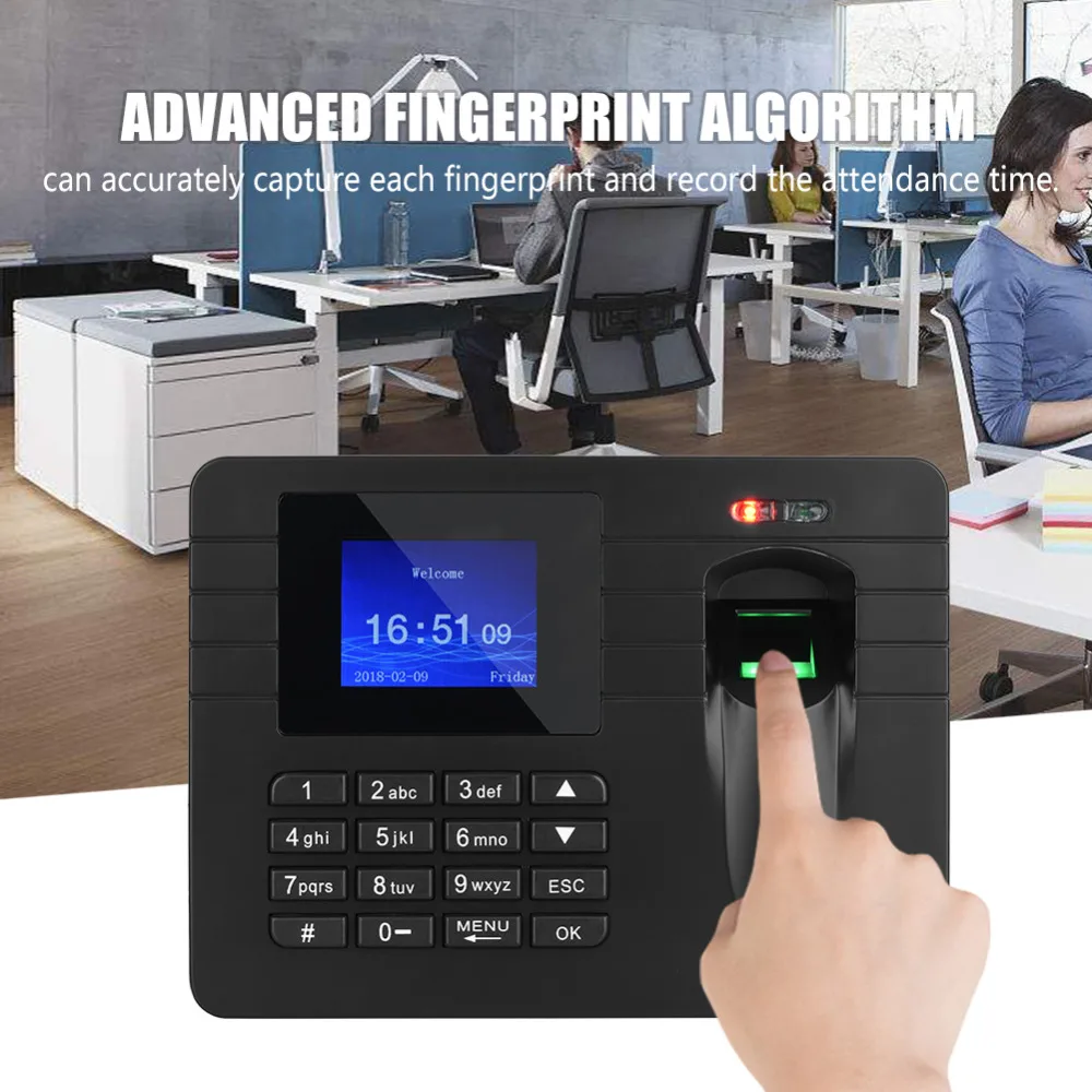 

A5 2.4in TFT LCD Screen Fingerprint Time Clock Recorder Employee Attendance Machine 100-240V US Plug