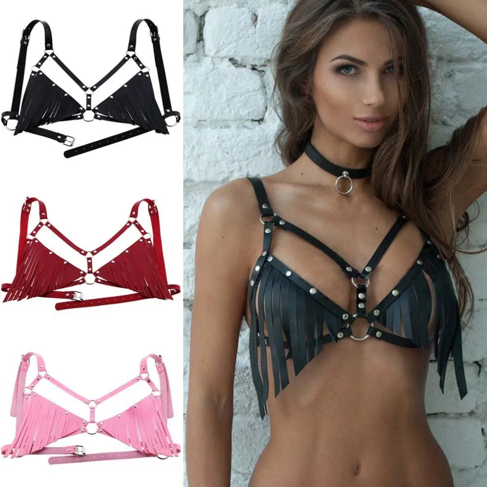 

Sexy Punk PU Leather Tassels Bra Chest Suspender Straps Women Lingerie Garters Belt Body Bondage Harness Straps Sexy Chest Belts