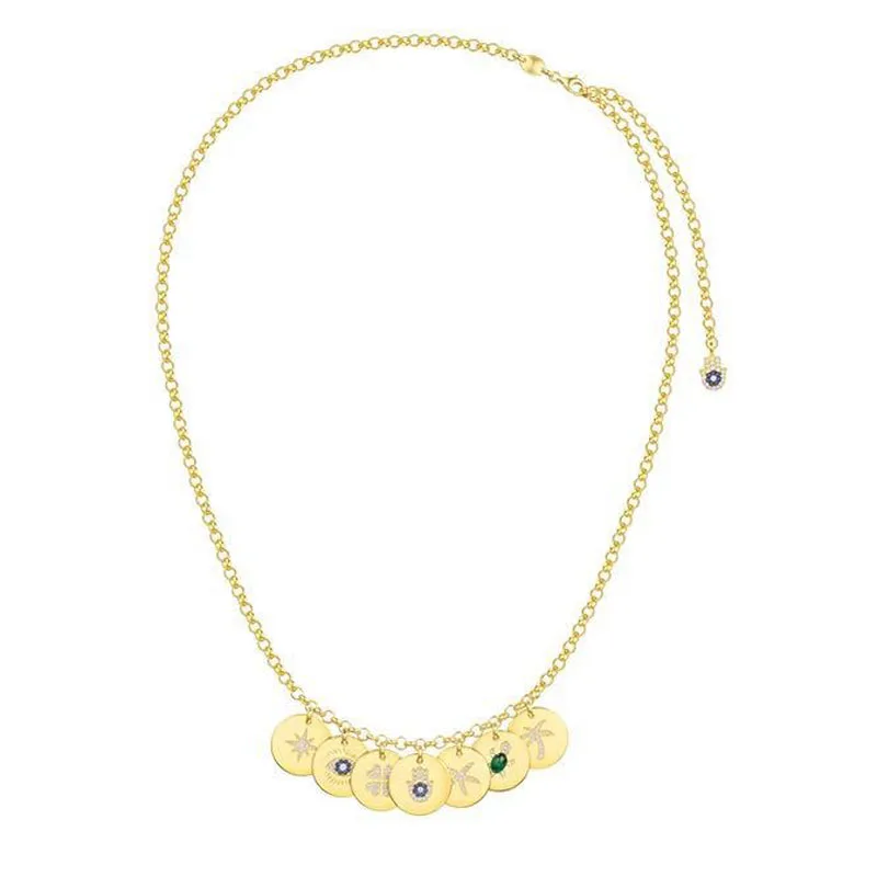

925 Sterling Silver Yellow Gold Color Lucky Coin Chain Necklace with ETE Element Sea Turtle Star Palm Eye Cubic Zirconia Pendant