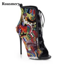 Высококачественные женские модные разноцветные ботинки на высоком каблуке с открытым носком и стразами ботинки на шпильке со шнуровкой модельные туфли