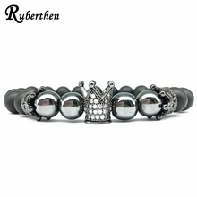 

Ruberthen Vintage Design Men`s Crown Bracelet Natural Matte Black Onyx Bracelet High Quality Hematite Powerful Jewelry