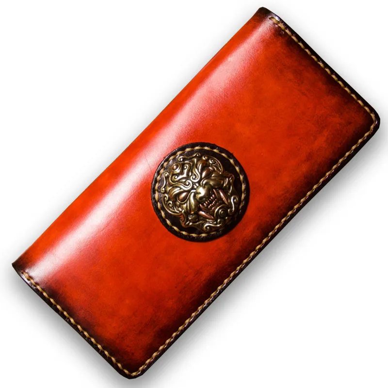 

Handmade Genuine Leather wallet women luxury brand Three-dimensional embossed Metal Monster Pattern Decorative Long Men Wallets