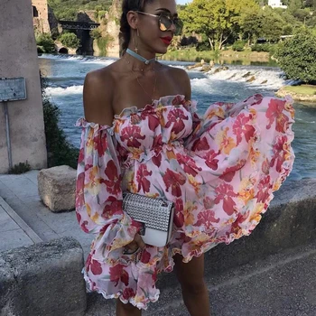 Tosheiny 2020 Women Off Shoulder Slash Neck Backless Dresses Female Elegant Flower Print Backless Mini Dress TH18851 aztec print plunge backless shift dress