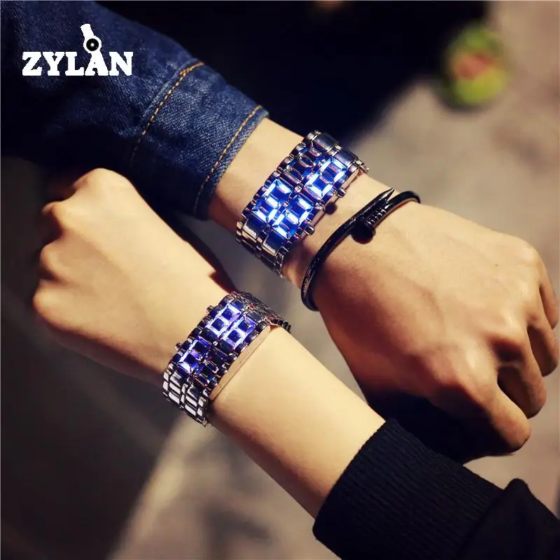 

ZYLAN Hot Sale Cool Silver Full Stainless Steel LED Lava Blue Red Light Digital Wristwatch Watch for Men Women Unisex Couple