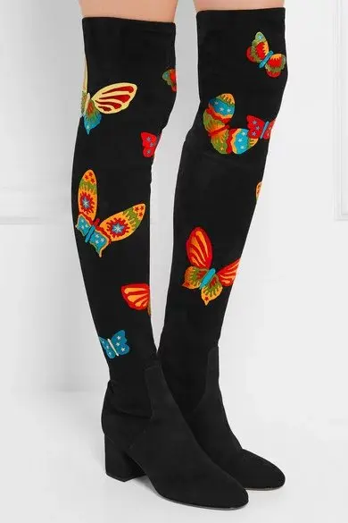 

THEMOST Choudory Black Chunky Butterfly Heel Vintage Thigh High Boots Suede Women Winter Boots Over The Knee Boots Stretch BOTAS
