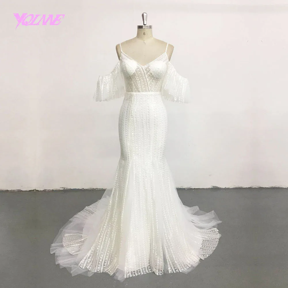 

YQLNNE Ivory Illusion Wedding Dress 2018 Off Shoulder Lace Tulle Zipper Back Bridal Dresses