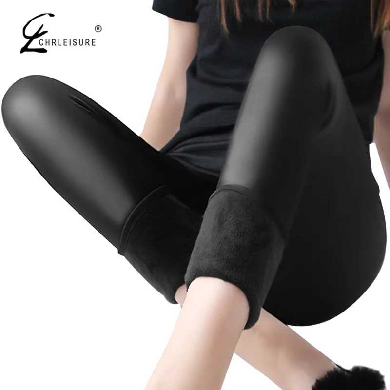 CHRLEISURE S 5XL Winter Leather Pants Women Plus Size High