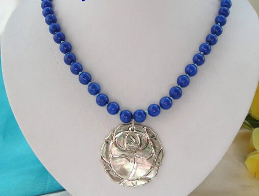

Jewelr 005163 stunning 8mm round blue lapis lazuli necklace shell Pendant