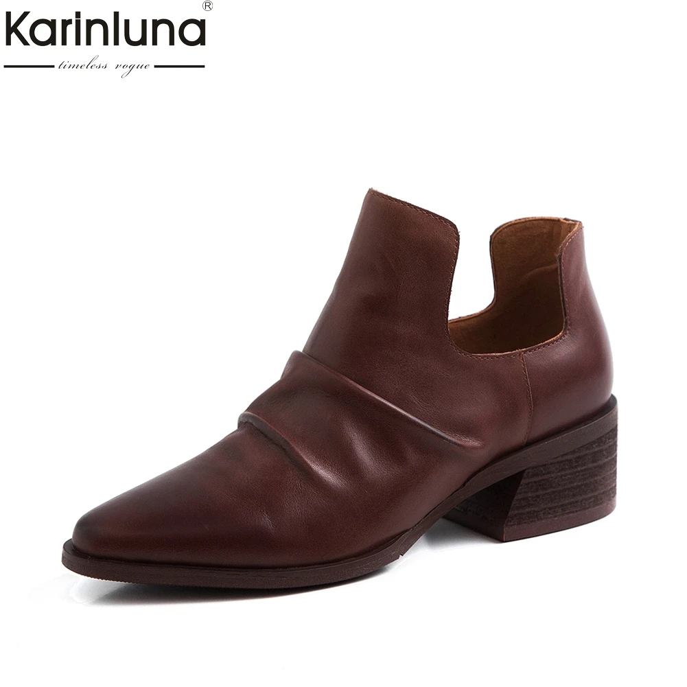 

women's Brand Design Genuine Leather Boots Women Shoes Woman Retro Chunky Heels Vintage Fashion Shoes Female Booties Woman