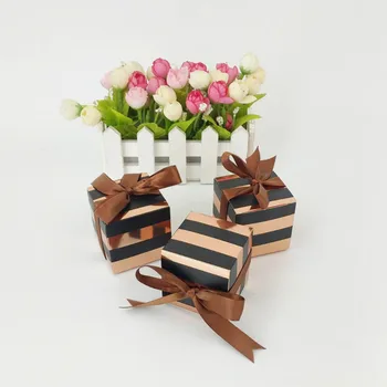 

25/50PCS Brown Stripe Gift Box Package Cake Dragees Candy Box with Ribbon Deco Mariage Wedding Carton Chocolate Wrapping Paper