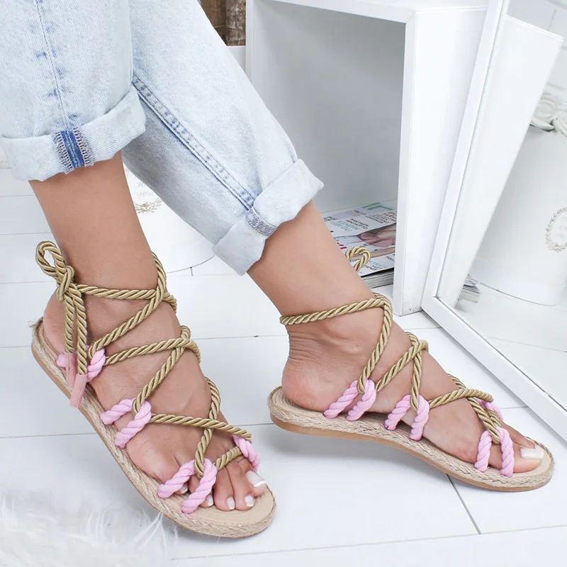 Women Sandals 2019 Fashion Summer Shoes Woman Flat Sandals Hemp Rope Lace Up Gladiator Sandals Non-slip Beach Chaussures Femme