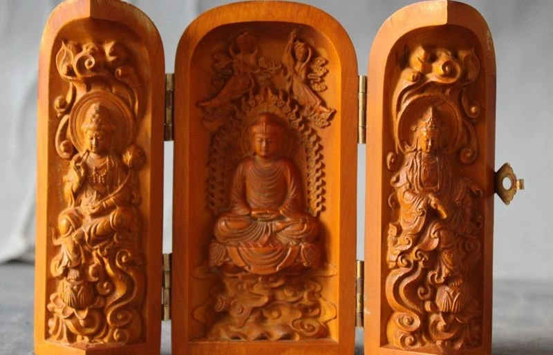 Тибетский буддизм Boxwood чистые ручные резные Гуаньинь Sakyamuni 3 статуя Будды в