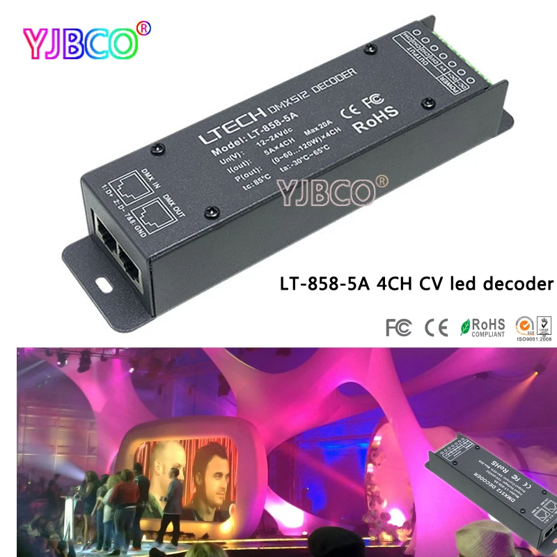 

LTECH led controller LT-858-5A;4CH CV DMX Decoder;DC12-24V input;5A*CH Max 20A output for led lights
