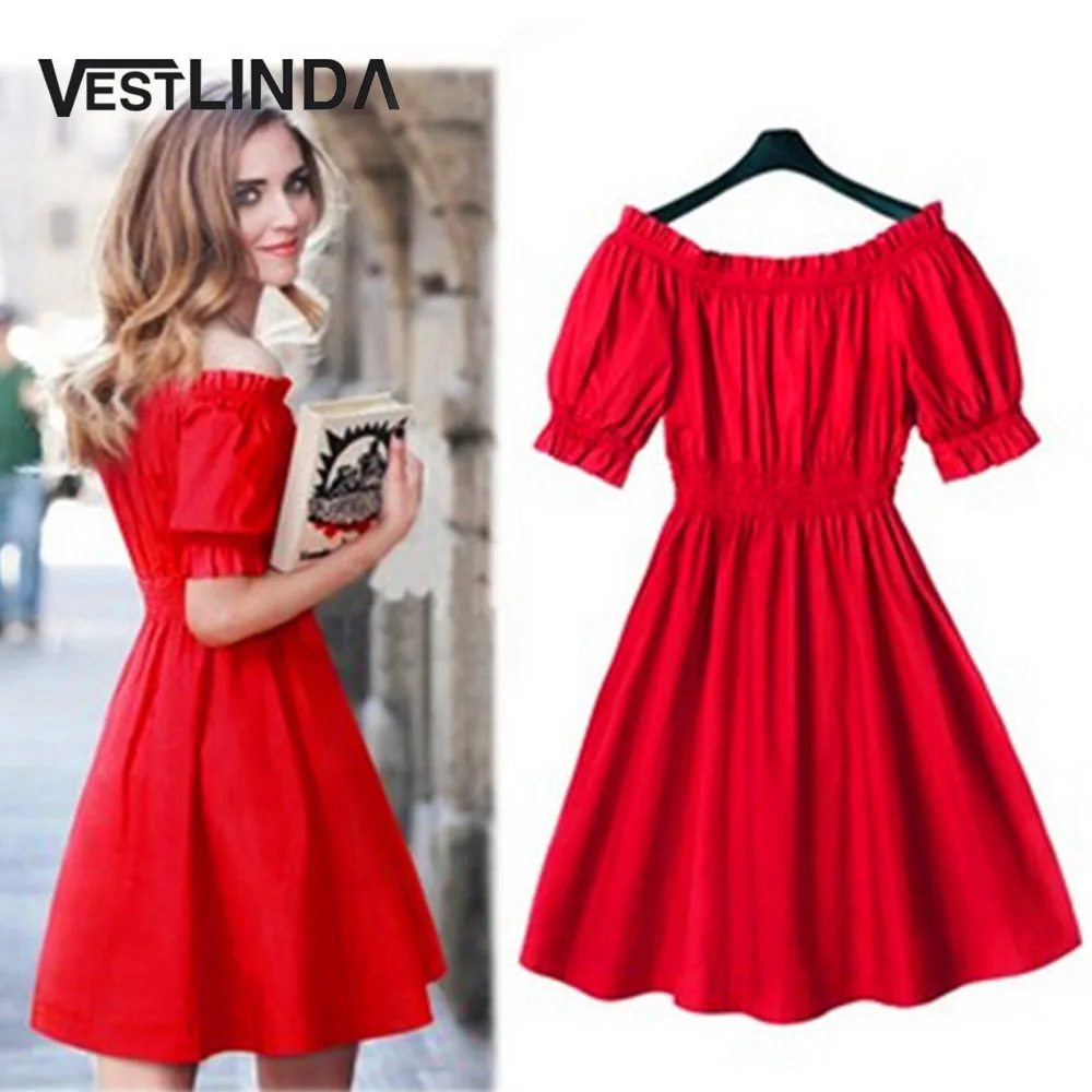 VESTLINDA 2017 New Off Shoulder Sunmmer Women Dress Short Sleeve Elastic Waist A-line Mini Dress Plus Size Dresses Red Vestidos 1
