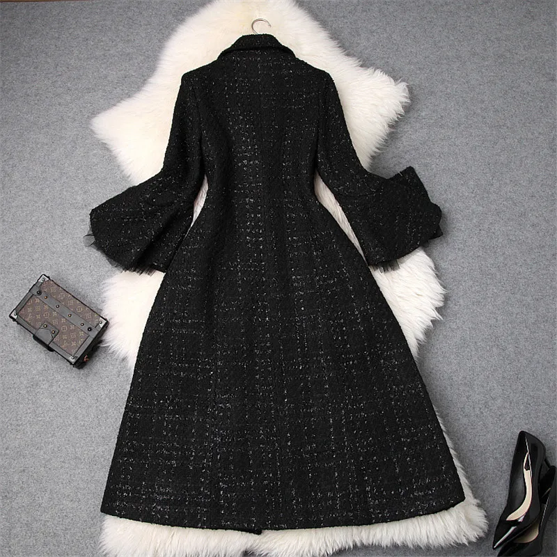 Модные брендовые дизайнерские зимние клетчатые твидовые шерстяные куртки и пальто, Дамское пальто с зазубренным воротником и расклешенными рукавами, винтажное шерстяное пальто