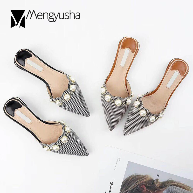 

Pointed toe plaid mules sandals women summer cozy slip on shoes korean style pearl decorate sandalias mujer 2019 sapato feminino