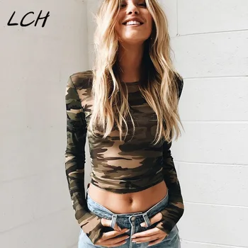 

2019 Camouflage T-shirt for Women Summer Casual Sexy See Through Mesh Top O-Neck Long Sleeve Crop Tops Girls Short Tees