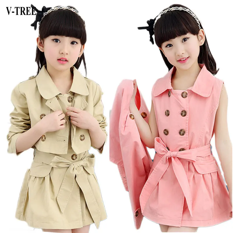 

V-TREE Girls Jacket 2017 Autumn Jackets For Girls 2 Pieces Girls Cardigan Children Windbreaker Kids Trench Coats