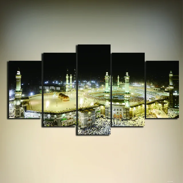 

Modern Home Wall Decor Frames Modular Pictures HD Printed 5 Panel Islamic Muslim Mosque Landscape Painting On Canvas Art PENGDA