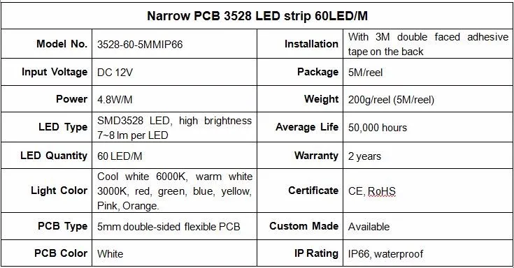 5 мм узкий pcb 3528 Светодиодные полосы IP66 водонепроницаемый, 12 В 60LED/m, двусторонняя печатной платы, 100 м/лот, 2 года гарантии, оптовая продажа с