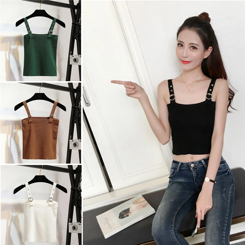 

Sexy Women Summer Plain Camisole Knitted Sling Tie-wrap Buckle Vest Slim Casual Tank Tops