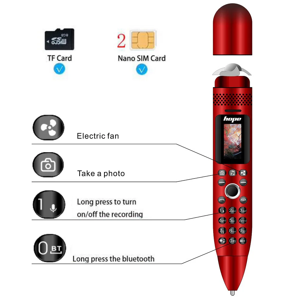 CHAOAI Pocket Cellphone AK008 Mini Phone Handheld Fan Celular Pen Mobile Phone Bluetooth Recording Dialer Voice