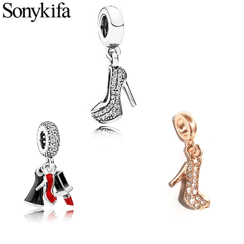 

2Pcs/lot Fashion high heels &lipstick Pendant Original Suitable for Diy Exquisite Charms Pandora Bracelets For Women&Kids Gift
