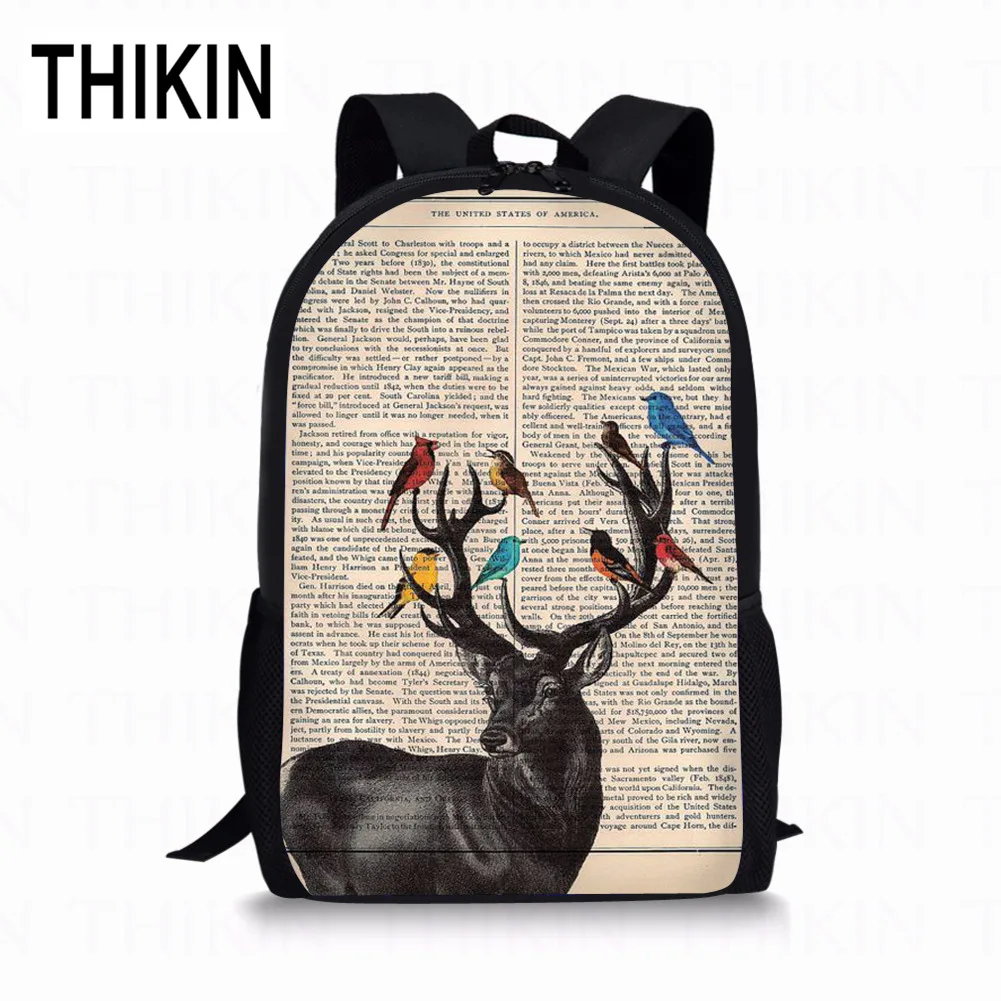 THIKIN Elk In The Book Print школьная сумка для девочек цветочные рога Женские повседневные Рюкзаки Школьный рюкзак для подростков