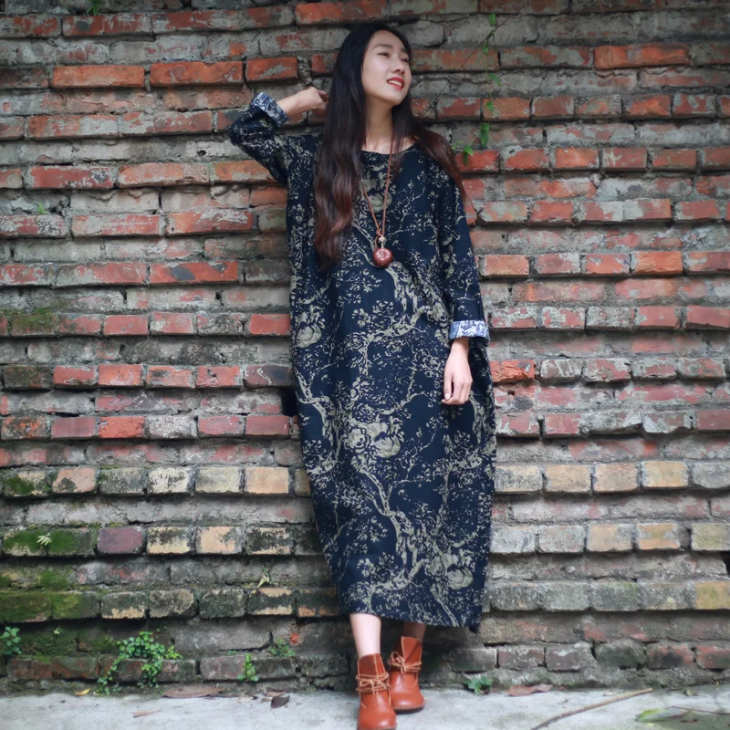 

Autumn Dress Long Sleeve Casual Women Dress Female Linen Cotton Full Dress Loose Waist O Neck Floral Print Maxi Dress