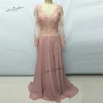 

Old Pink Long Sleeve Lace Prom Dresses Beads Lace Split Side Chiffon Women Evening Gowns Champagne Vestidos de Baile Gala Jurken