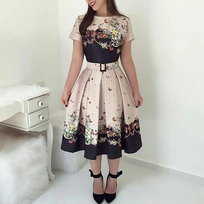 

Trendy Female Fashion Elegant A-Line Midi Party Tunic Women's Dresses Butterfly Print Short Sleeve Belted Satin Pleated Dress