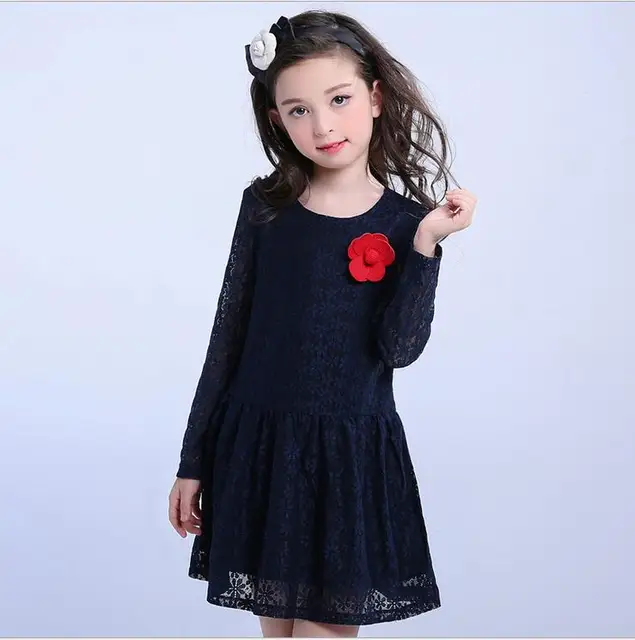 2017 simple trendy lace dress baby girl clothes navy blue flower autumn
