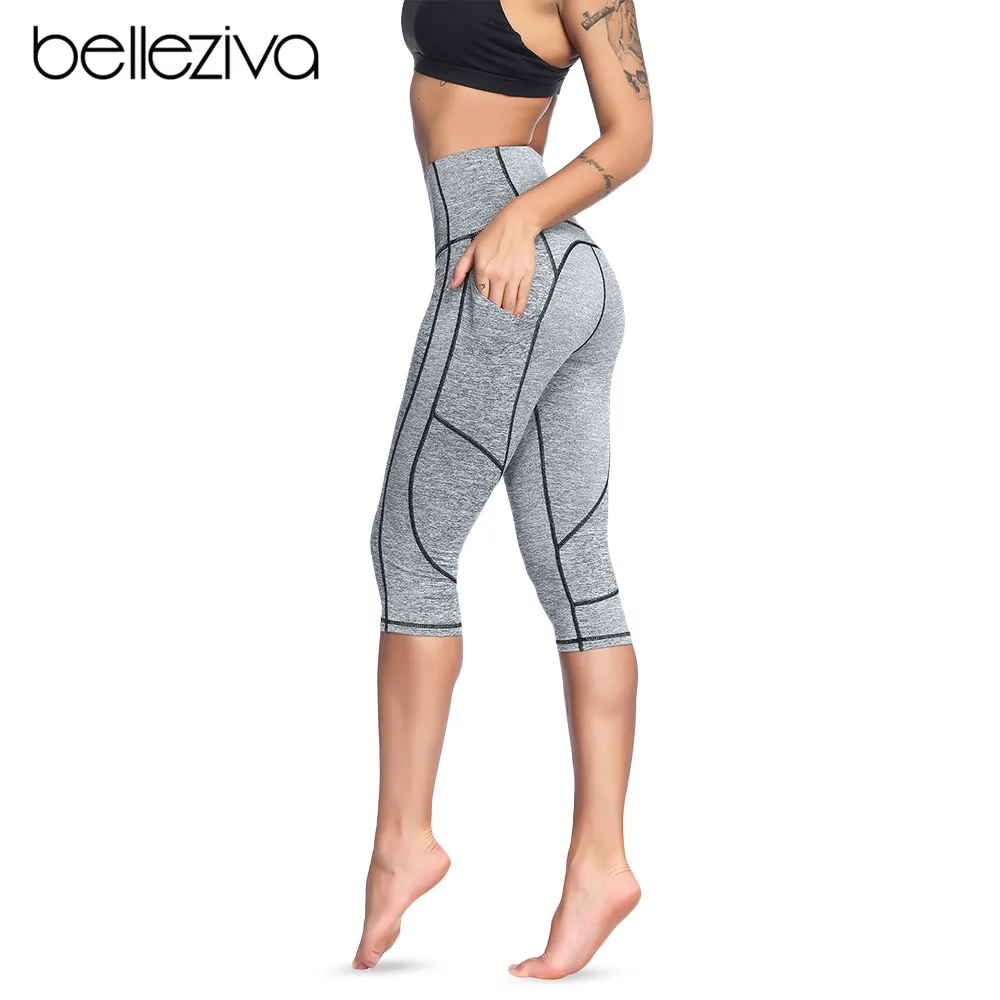 

Belleziva Quick Dry Running Fitness Women Yoga Pants Elastic Waist Capri Tights Pocket Gym Female 3/4 Length Workout Trousers