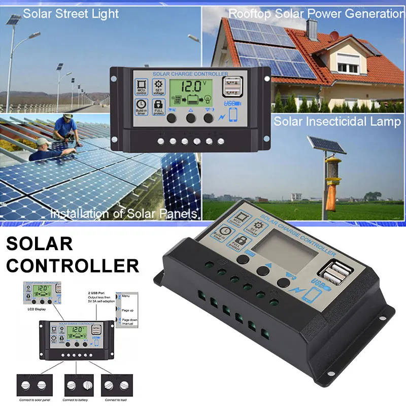 PWM солнечный контроллер Солнечная Панель зарядное устройство Солнечный контроллер заряда ЖК-дисплей 20A Dual USB PWM