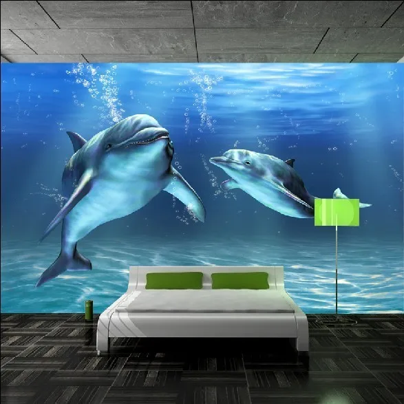 

Large custom mural children's cartoon cute dolphin underwater world art wall stickers 3d fabric wallpaper kids room sofa tv wall