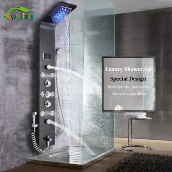 

Black Brushed Golden Shower Column Faucet Led Light Bathroom Bath Shower System SPA Massage Sprayer Temperature Screen Show