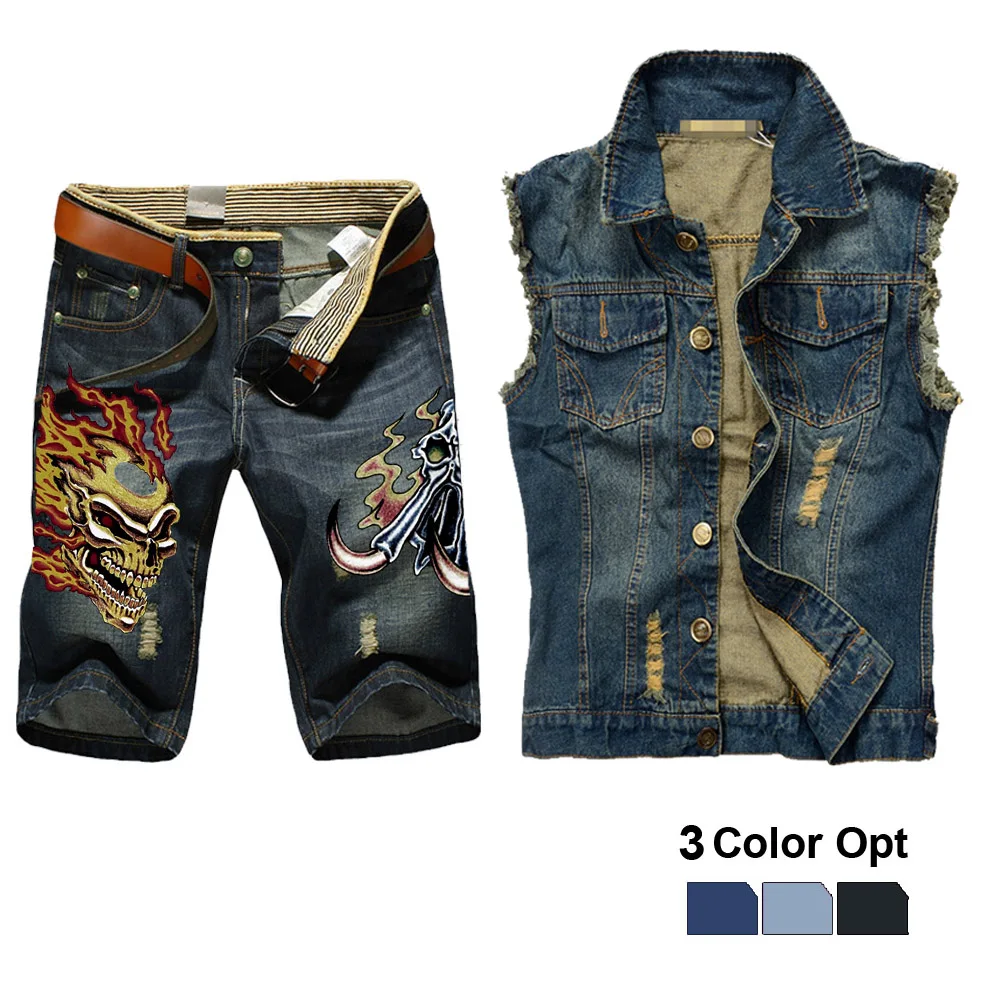 

Men Jean Vest Jacket Set Retro Ripped Destroyed Skinny Hole Top Denim Short Pants 1/2 Trousers Summer Beach Wear Blue Skull