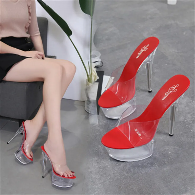 

Eu 34-43 Model Catwalk Women Shoes Slippers Explosive Sexy Floral High heel Shoe 15CM Sandals Crystal Shoes Female Wedding Shoes