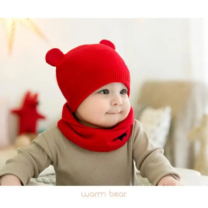 Детская зимняя шапка s наборы с шарфом теплая вязаная Круглая Шапочка Милая шапочка с рисунком медведя FDC99