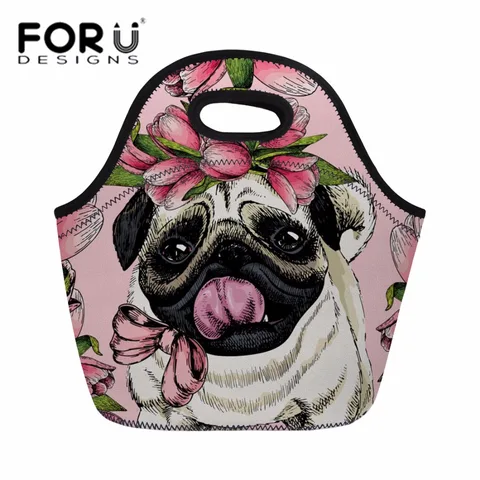Bolsa de Almoço do Cão Bolsas para Mulheres Forudesigns Impressão Térmica Refeição Tote Crianças Bonito Lancheira Feminino Piquenique Comida Armazenamento Frutas Pug 3d