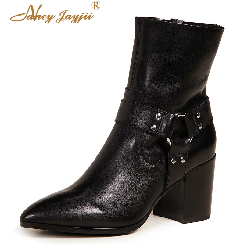 Black Winter Ladies Ankle Boots Pointed Toe Square Heel Short Plush Buckle Strap Zipper Shoes