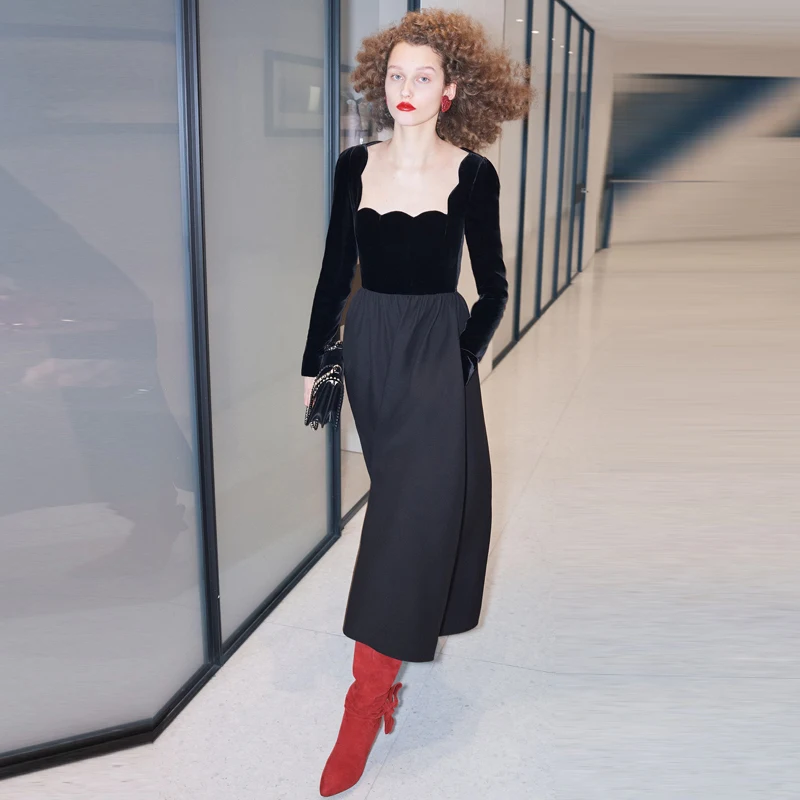 

Runway Luxury Designer Brand Dress for Women Elegant Vintage Velvet Long Sleeve Black Long Dresss