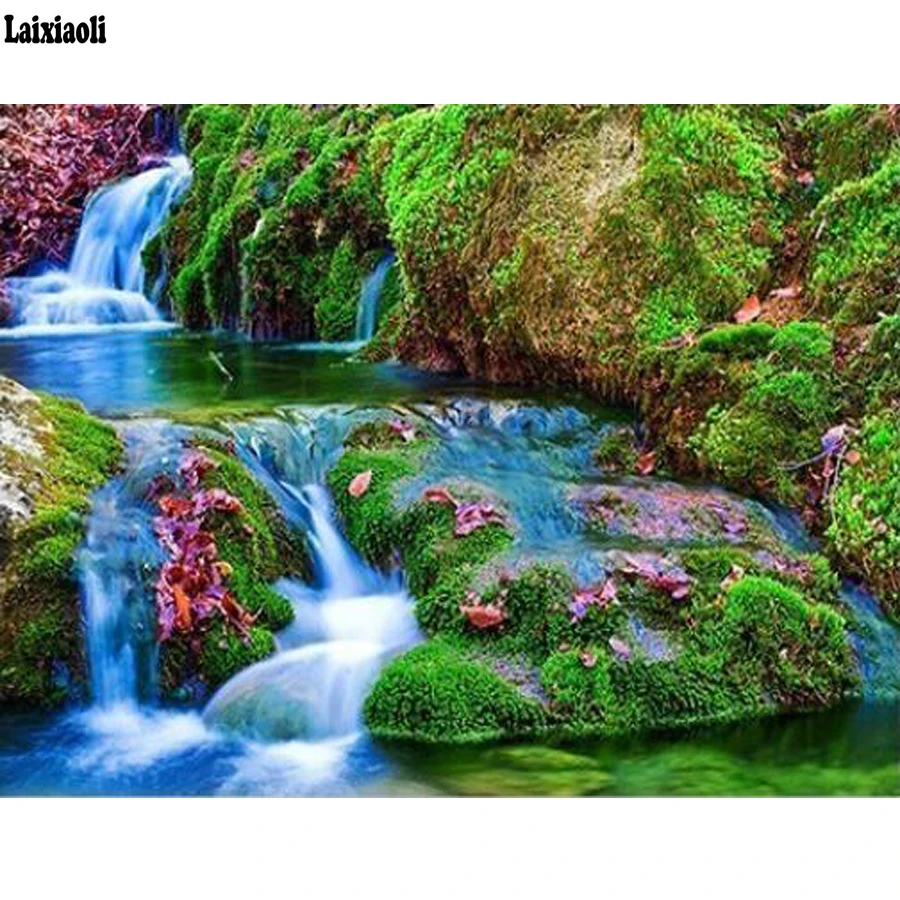 

Diamond Embroidery Full Display Diamond Painting Mosaic Landscape Waterfall Picture Of Rhinestones Full Square round Home Decor