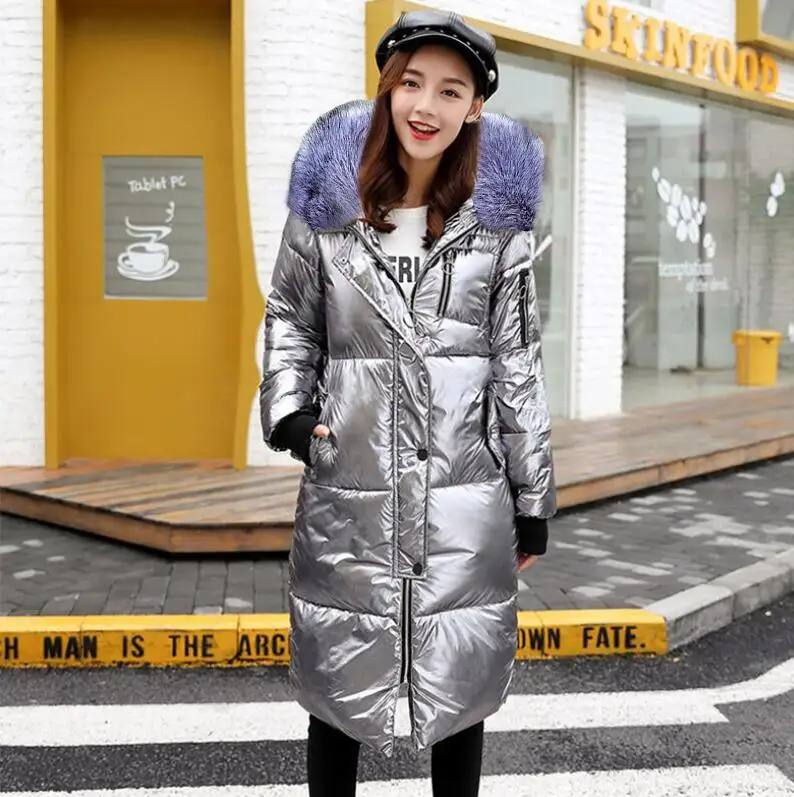 Модная зимняя куртка золотого и серебряного цвета, Женская водонепроницаемая пуховая куртка с капюшоном, пальто для женщин, зимние теплые длинные парки, искусственный мех - Цвет: gray 2