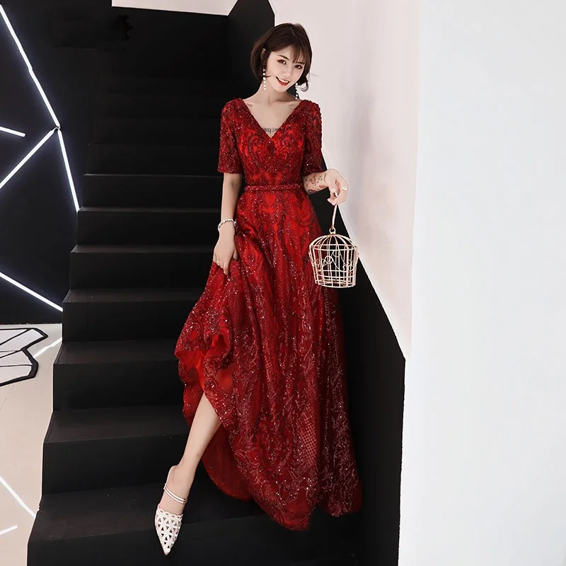 Engagement Longueur Femmes Red Wine Robe Paillettes Mariée Sexy Vin Rouge Étage Col Élégantes Floral Robes Brillant Longues V lKJcT1F3