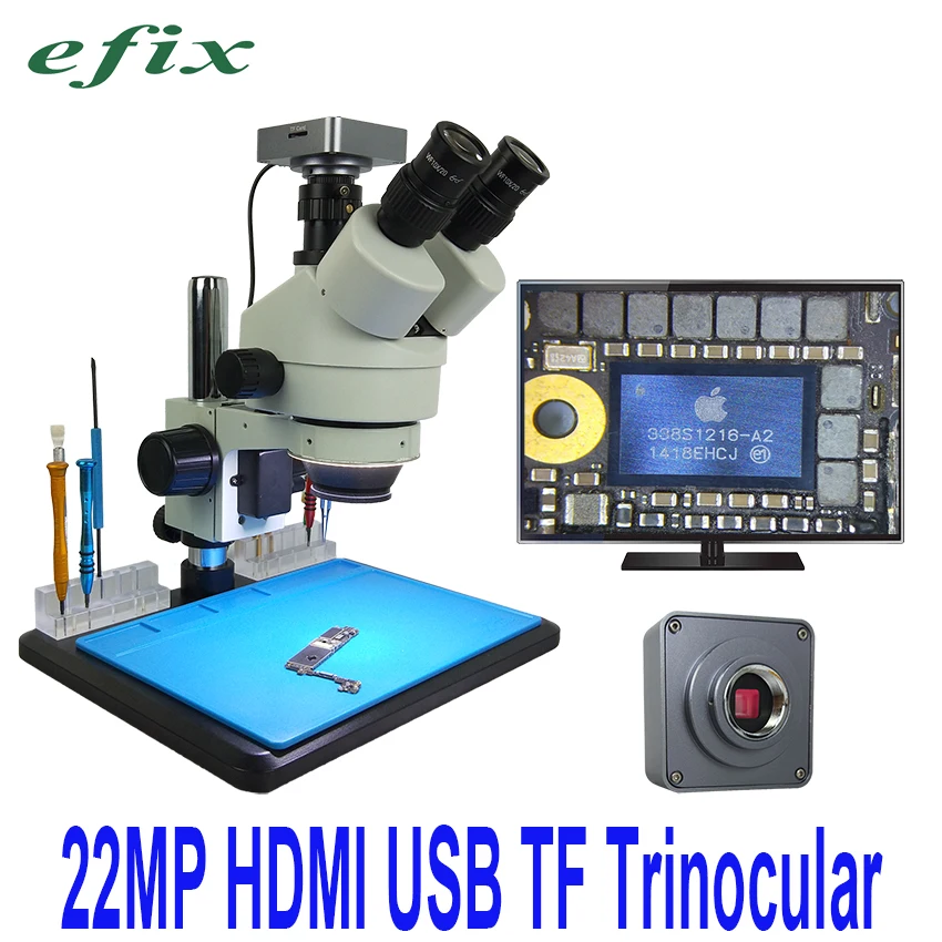 Efix 22MP 7-45X Тринокулярный паяльник стерео непрерывный зум микроскоп HDMI USB HD камера ремонт мобильного телефона