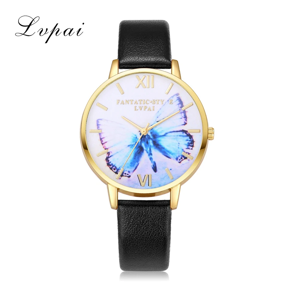 

LVPAI Top Brand Women Bracelet Watch Gold Quartz Watch Blue Butterfly Leather WristWatches Fashion Dress Women Watches LP154