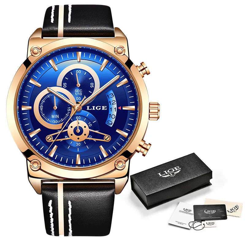 Reloj Hombre LIGE новые мужские синие золотые мужские наручные часы повседневные кожаные аналоговые кварцевые часы для мужчин Военный Спортивный Хронограф - Цвет: rose gold blue