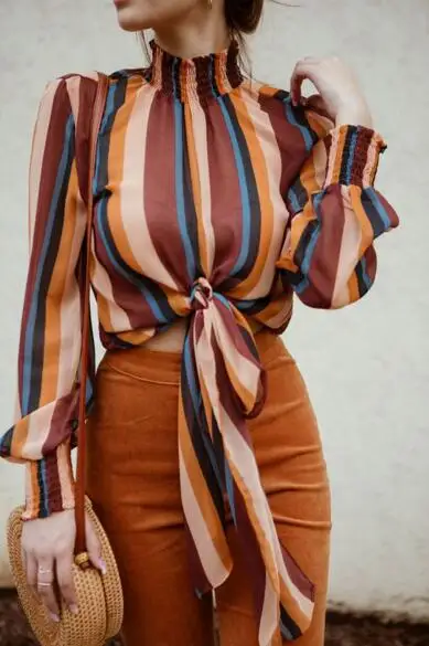 

2019 New Fashion Women Stand Collar Stripe Printing Bandage Long Sleeves Tops Bluses korean style
