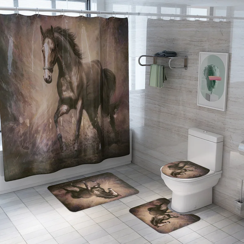 Billig Pentium Pferd Druck Dusche Vorhang 4 Stück Teppich Abdeckung Wc Abdeckung Bad Matte Pad Set Bad Vorhang 12 Haken